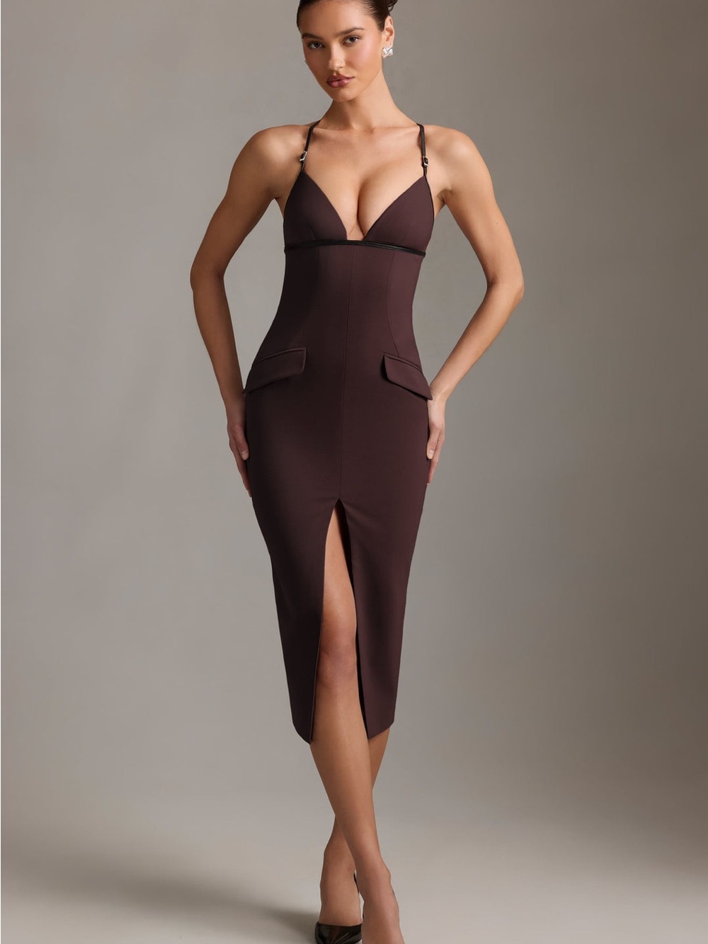 Oh Polly Sexy Dark Brown Bodycon Dress with Front Slit